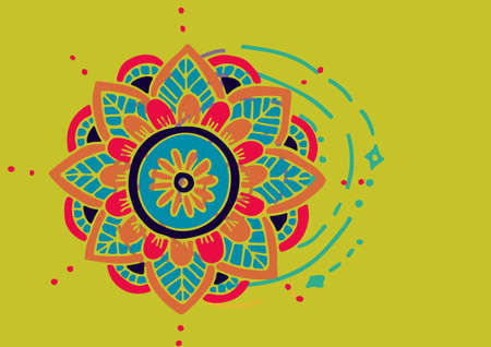 Digitally generated image of colorful decorative floral designs against yellow background. invitation card background template design conceptの写真素材