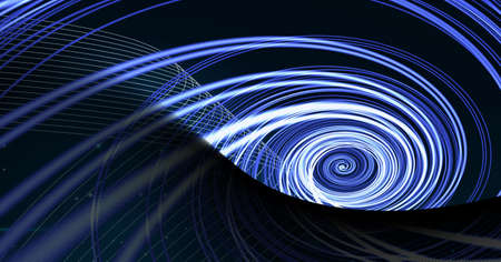 Digitally generated image of blue spiral light trails against black technology background....