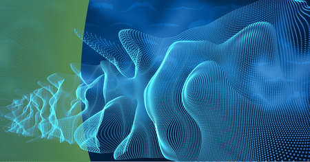 Digitally generated image of blue glowing digital waves against green technology background....