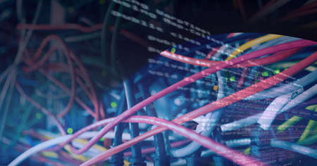 Binary coding data processing against close up of computer server against red technology concept. cyber security and technology conceptの写真素材