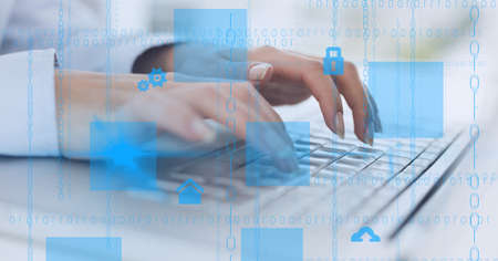 Binary coding data processing against mid section of person typing on keyboard. computer interface...