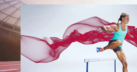 Caucasian female athlete jumping over a hurdle against digital wave on grey screen and sports field....