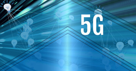 5g text over network of connections against green light trails on blue technology background. global...
