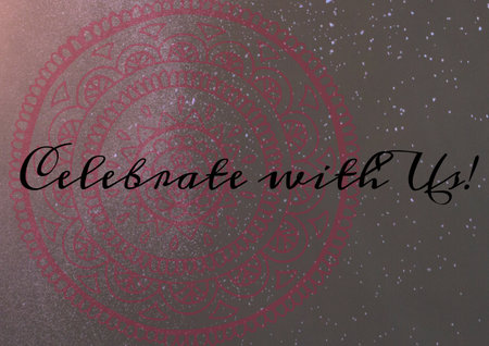 Celebrate with us text against decorative floral designs and white spots on grey background....
