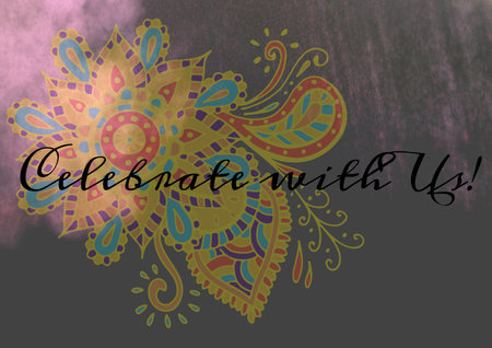Celebrate with us text against colorful floral design and pink smoke effect on grey background....