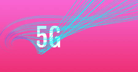 Digitally generated image of neon green light trails over 5g text on pink background. global networking and technology conceptの写真素材