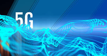 Digitally generated image of 5g text against digital waves on blue technology background. global...