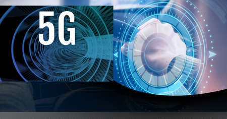 5g text and round scanner over man driving a car against black technology background. global...