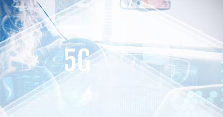 5g text over rear view of woman driving a car against white technology background. global networking...