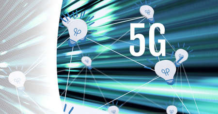 5g text over network of connections against green light trails on white technology background....