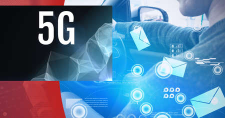 5g text and digital interface over man driving a car against red technology background. global...