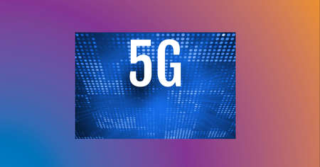 5g text over blue rows of dots against colorful gradient background. global networking and business...