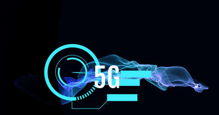 Digitally generated image of 5g text over digital waves against black background. global networking...