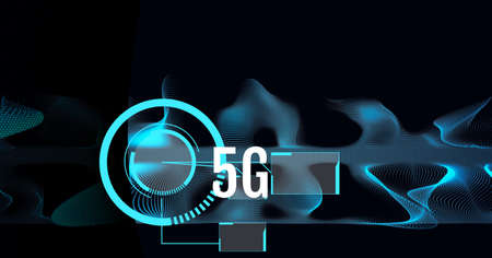 Digitally generated image of 5g text against blue digital waves on black background. global...