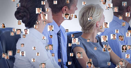 Network of profile icons against business people in meeting room at office. global networking and...