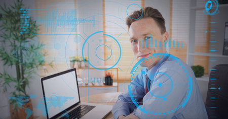 Digital interface with data processing against portrait of caucasian man smiling at office. global...