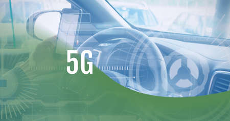 5g text over man using smartphone while driving a car against black technology background. global networking and computer interface technologyの写真素材