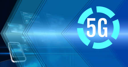 5g text against digital interfaces over smartphone against blue technology background. global...