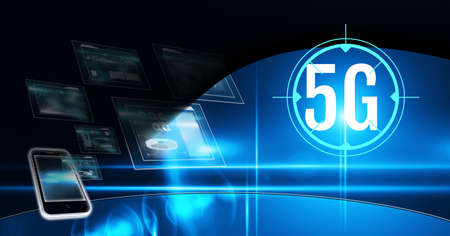 5g text against digital interfaces over smartphone against blue technology background. global...