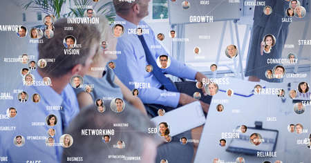 Network of profile icons and business concepts against businesspeople in meeting room at office. global networking and business technology conceptの写真素材