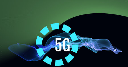 Digitally generated image of 5g text over digital waves against green technology background. global...