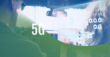 5g text and digital interface over rear view of man driving car against green technology background. global networking and computer interface technologyの写真素材