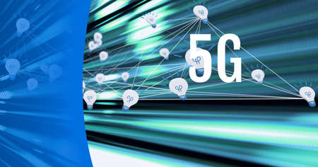 5g text over network of connections against green light trails on blue technology background. global...