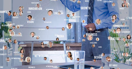 Network of profiles and business concepts against mid section of businessman giving presentation. global networking and business technology conceptの写真素材