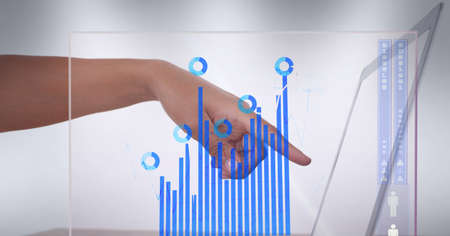 Digital interface with statistical data processing against hand touching laptop screen. computer...