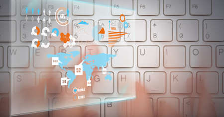 Digital interface with data processing against close up of person typing on keyboard. computer...