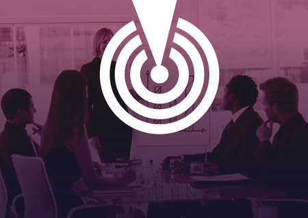 Composition of business people in meeting and target symbol with copy space on purple background....