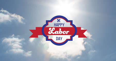 Happy labor day text and tool icons against clouds in blue sky. american labor day template background design conceptの写真素材