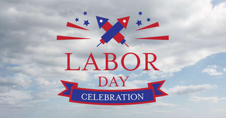 Happy labor day text and fireworks icons against american flag on wooden background. american labor day template background design conceptの写真素材