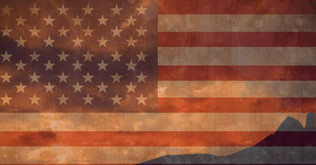 Composition of distressed vintage american flag over mountain silhouette. patriotism, independence...