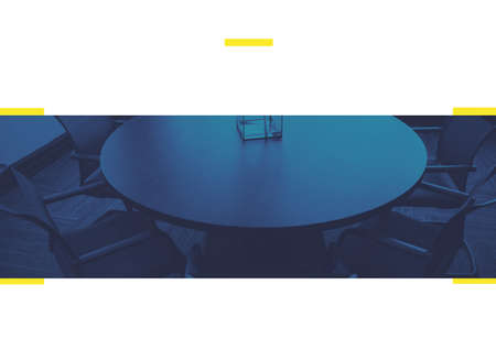 Composition of blue tint over retro meeting room table and chairs with yellow rectangles on white. business communication design template concept digitally generated image.の写真素材