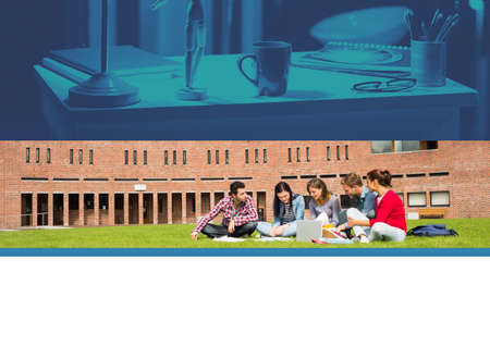 Composition of students sitting outdoors on campus using laptop and blue tinted retro desk. global communication technology and education concept digitally generated image.の写真素材
