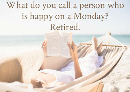 Composition of happy retirement wishes with woman reading book in hammock. senior years and...