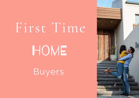 Composition of first time house buyers text in white, with happy couple outside house, on pink....