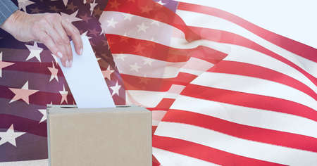 Composition of woman casting vote into ballot box against american flag. united states of america...