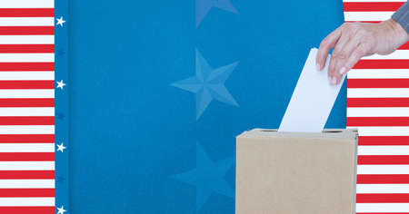 Composition of woman casting vote into ballot box against american flag. united states of america...