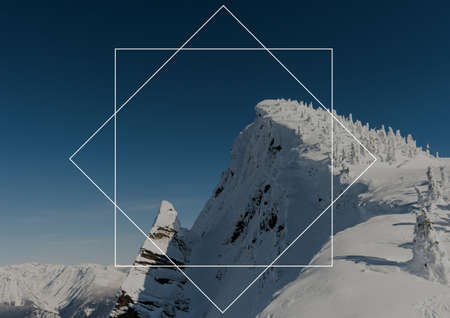 Composition of overlapping white line square and tilted square frame over snowy mountain and sky....