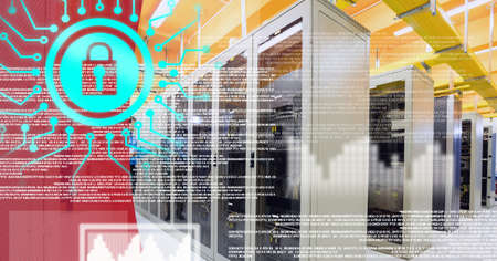 Security padlock icon and data processing over server room against red technology background. cyber...