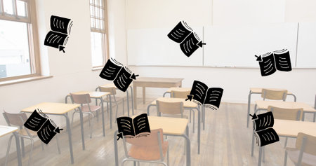 Composition of open books with cursors floating over empty classroom. school, education and study...
