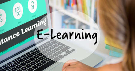 Composition of text e-learning, over schoolgirl using laptop in library. school, education and study...
