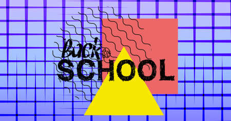 Composition of text back to school over yellow triangle and red square on purple grid. school,...