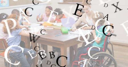 Composition of black and white floating letters over teacher and children in classroom. school, education and study concept digitally generated image.の写真素材
