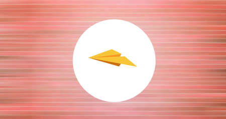 Composition of yellow paper plane in white circle on streaked red background. school, education and study concept digitally generated image.の写真素材