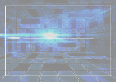 White lines and copy space against spot of light and blue mosaic squares on grey background....