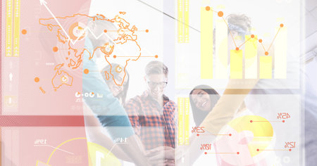 Digital interface with data processing against team of office colleagues making hand stack together....