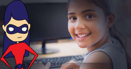 Female superhero icon against portrait of girl smiling while using computer. girl power and...